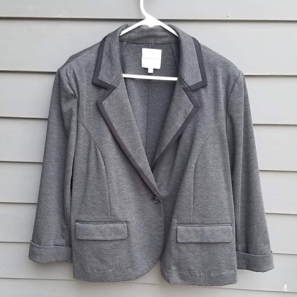 Catherine Malandrino Charcoal  one Button Blazer with Black Trim and Cuffs